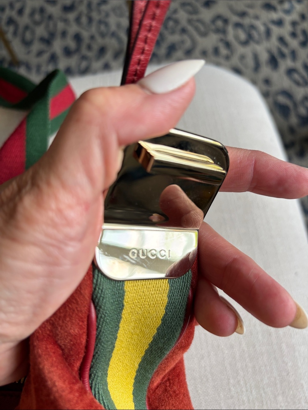 Gucci Orange Red Suede Shoulder Bag with Green-Red Web Strap - Picture 5 of 13